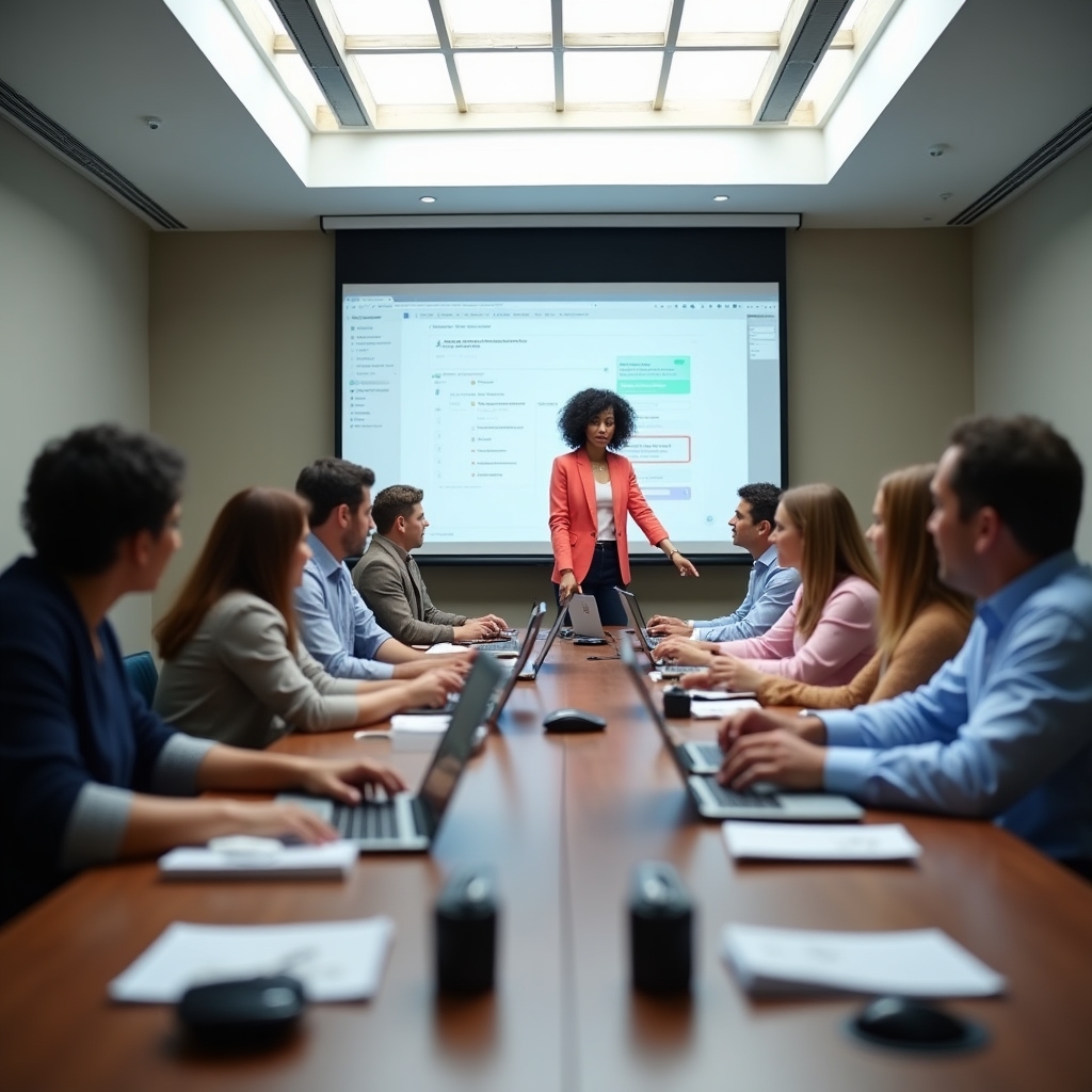 Clase práctica de habilidades digitales con instructor y estudiantes adultos