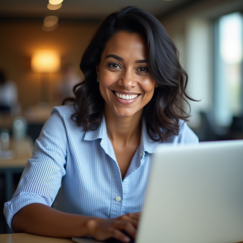 Estudiante adulta satisfecha completando curso digital