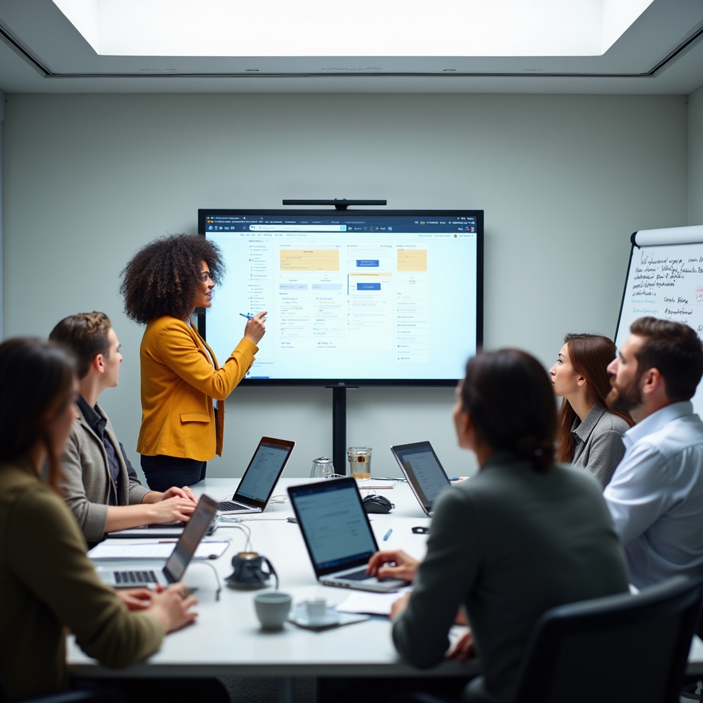 Taller grupal de productividad online en sala de capacitación